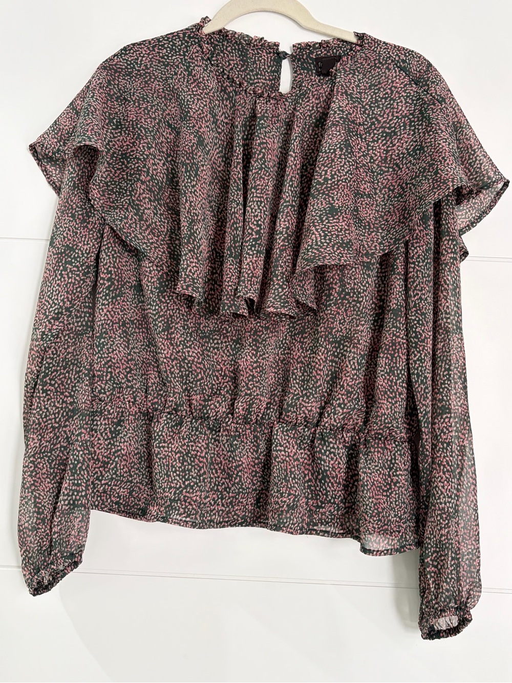Free Press Ruffled Long-Sleeve Blouse in Pink and Green, Women’s Large Top